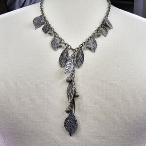 Elegant Y-Drop Necklace Leaf and Ball Charms Muted Silver Tone 24 inches